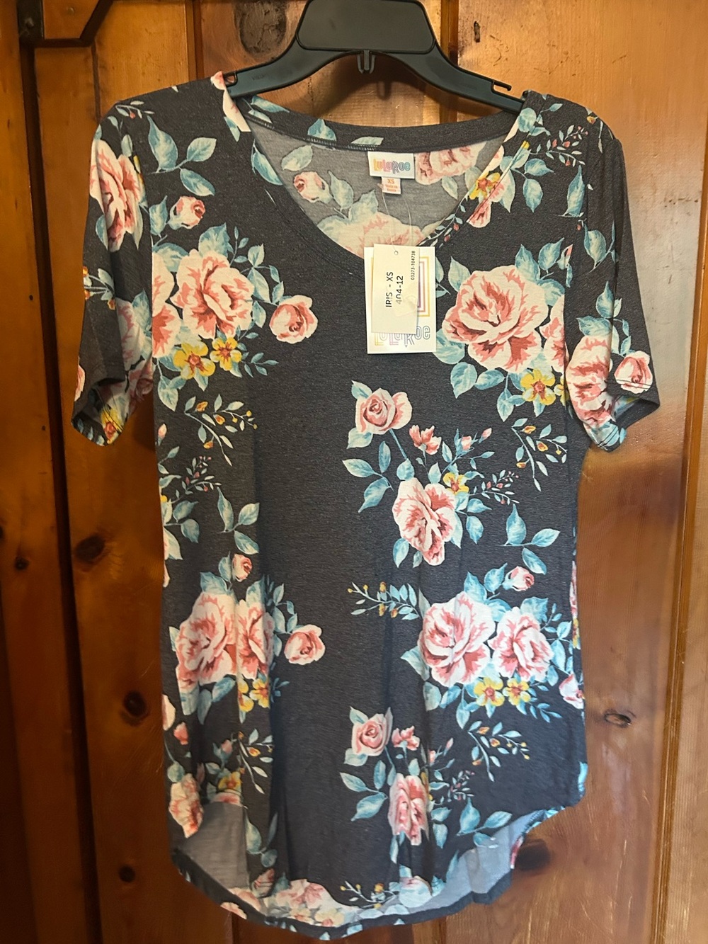 LuLaRoe Women's Dark Gray V-Neck Tee with Pink Floral Print Iris - XS